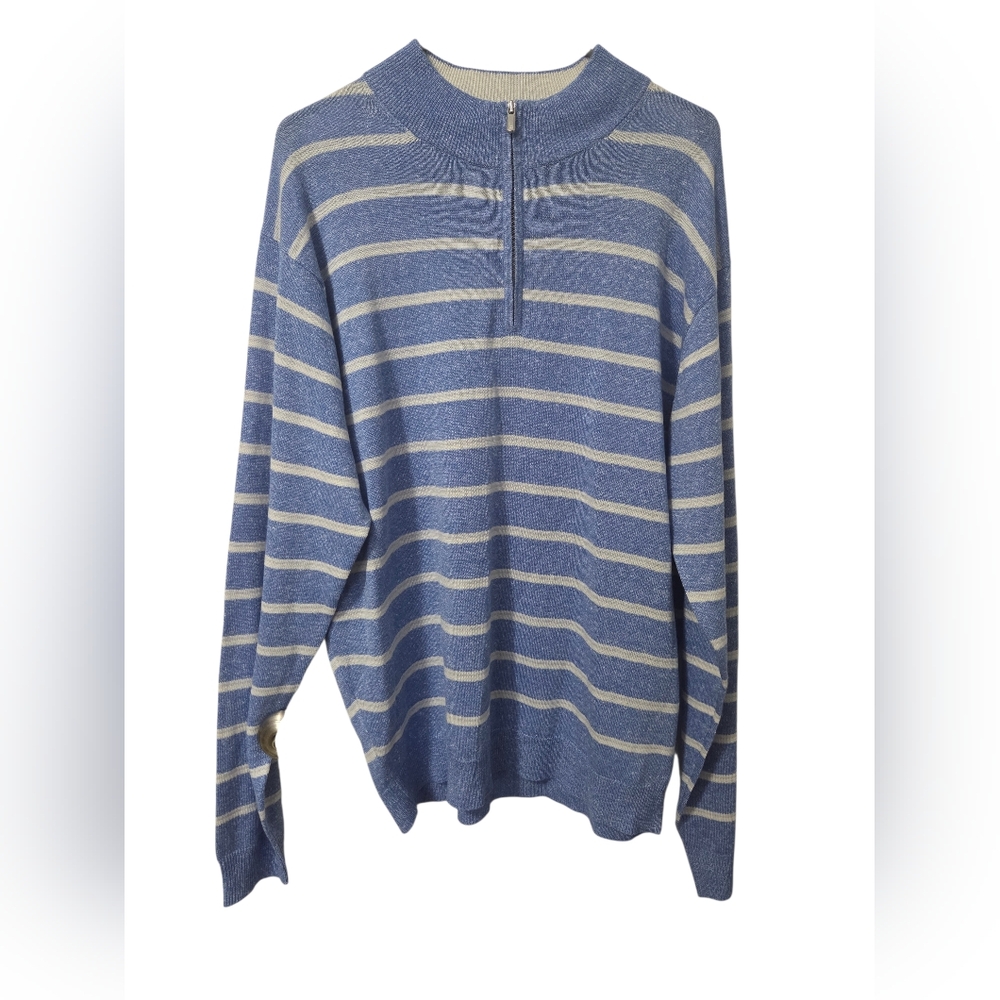 Peter Millar Long Bay Maritime Blue Striped 1/4 Zip Pullover Sweater XLARGE